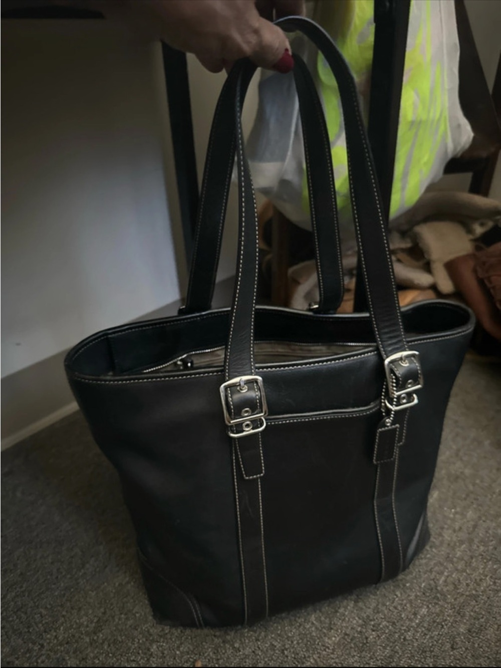 Coach Black Leather-Trim Tote with Silver Buckle Hardware
